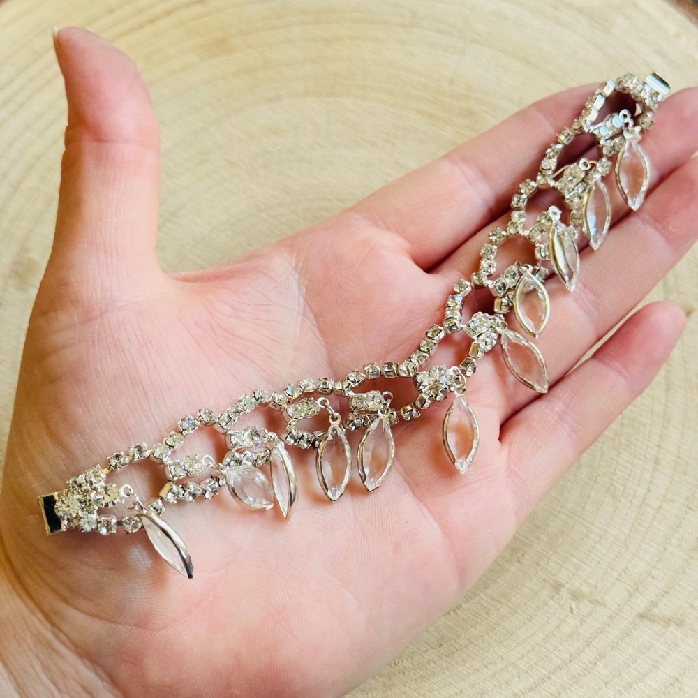 Bracelet VTG Austria Crystal Rhinestone open bezel dangle bridal Jeweled glam 7"